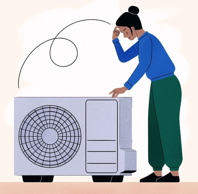 Illustration of a woman inspecting an air conditioner unit, rendered in a flat, textured style on a light background with abstract line.