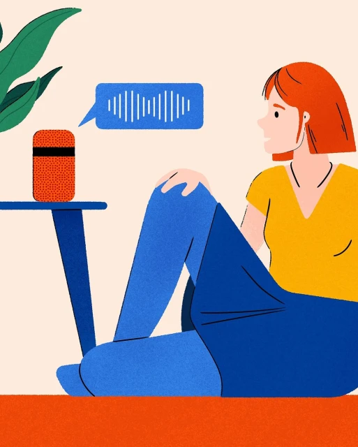 Illustration of a red-haired woman with earphones sitting in front of a smart speaker and a digital sound wave in a speech bubble.