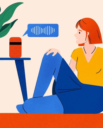 Illustration of a red-haired woman with earphones sitting in front of a smart speaker and a digital sound wave in a speech bubble.