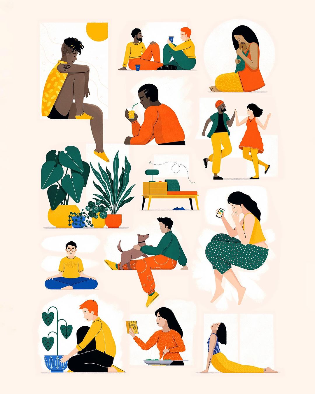 Illustration of diverse people in various activities, including relaxing, yoga, reading, and socializing, set against a light background.