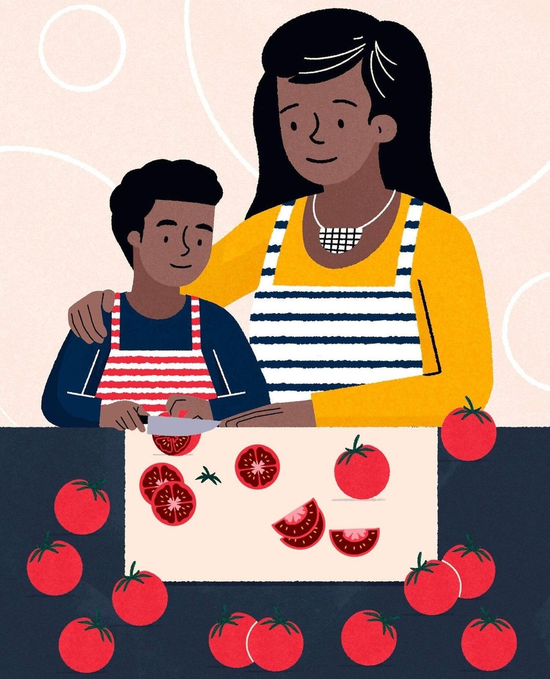 Illustration of an adult and child in aprons cutting tomatoes on a kitchen table, depicted in a stylized cartoon aesthetic.