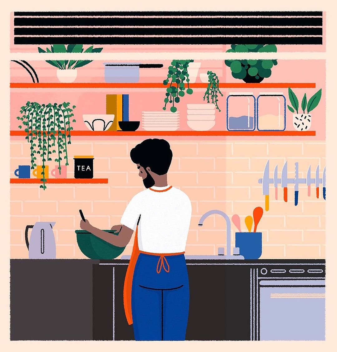 Illustration of a Black man in a kitchen stirring a bowl, featuring bright colors, indoor plants, and a clean, modern aesthetic.