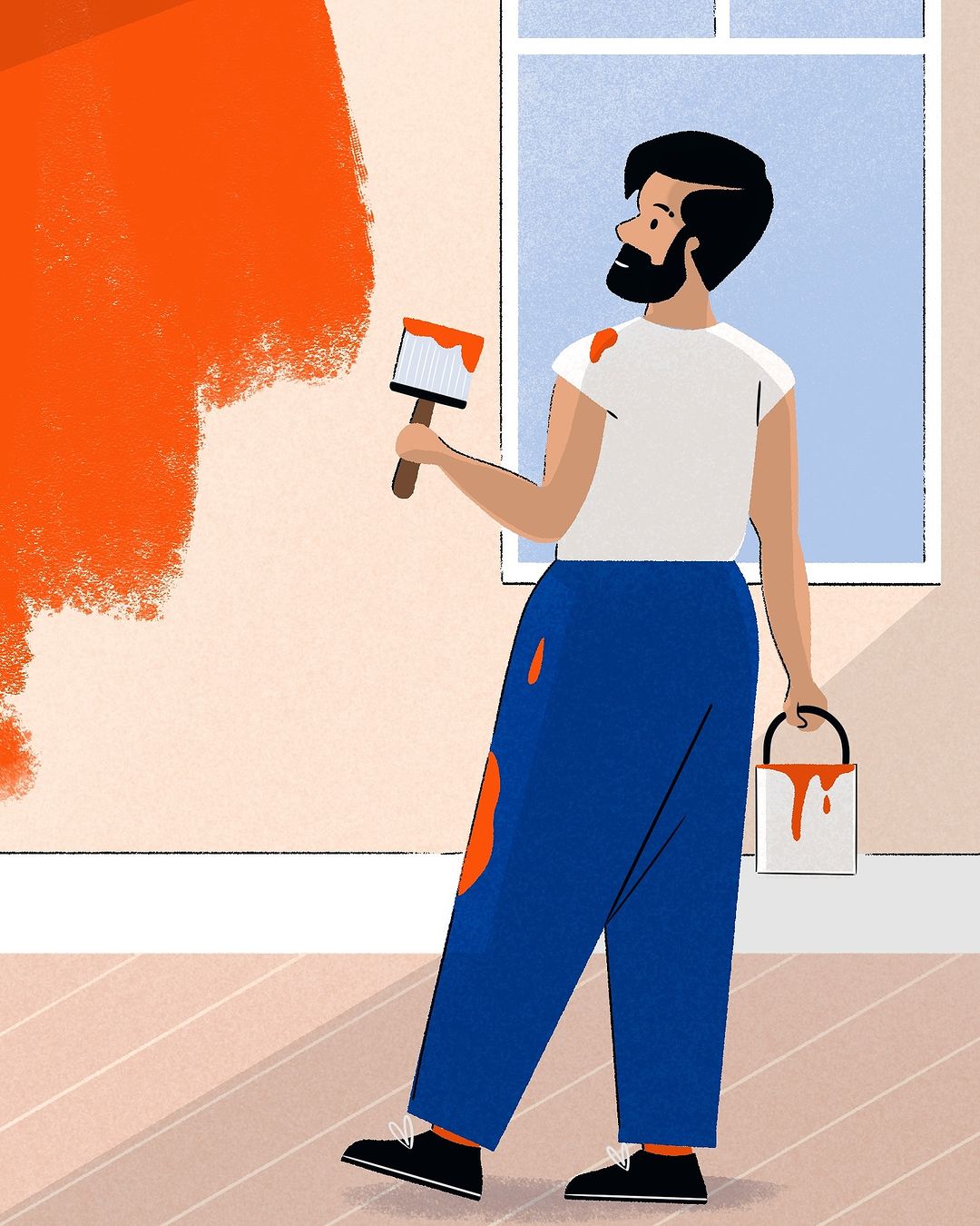 Illustration of an adult man painting an orange section of an interior wall using a brush and paint can near a window with blue sky.