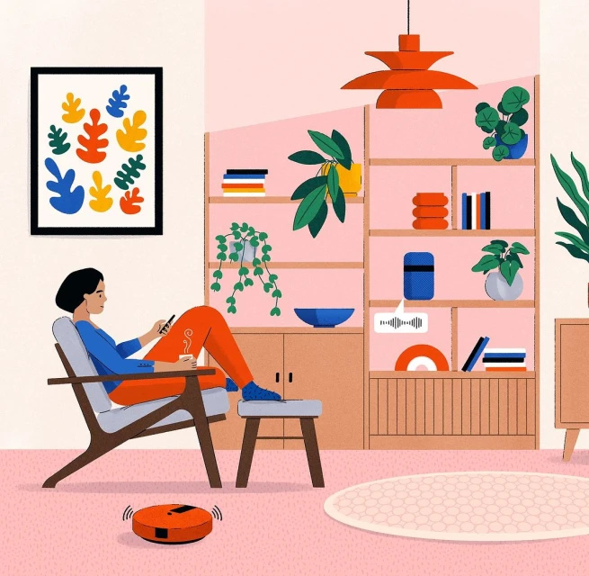 Illustration of woman relaxing in a chair in a living room while a robot vacuum cleans the floor. Bookshelf and artwork visible.