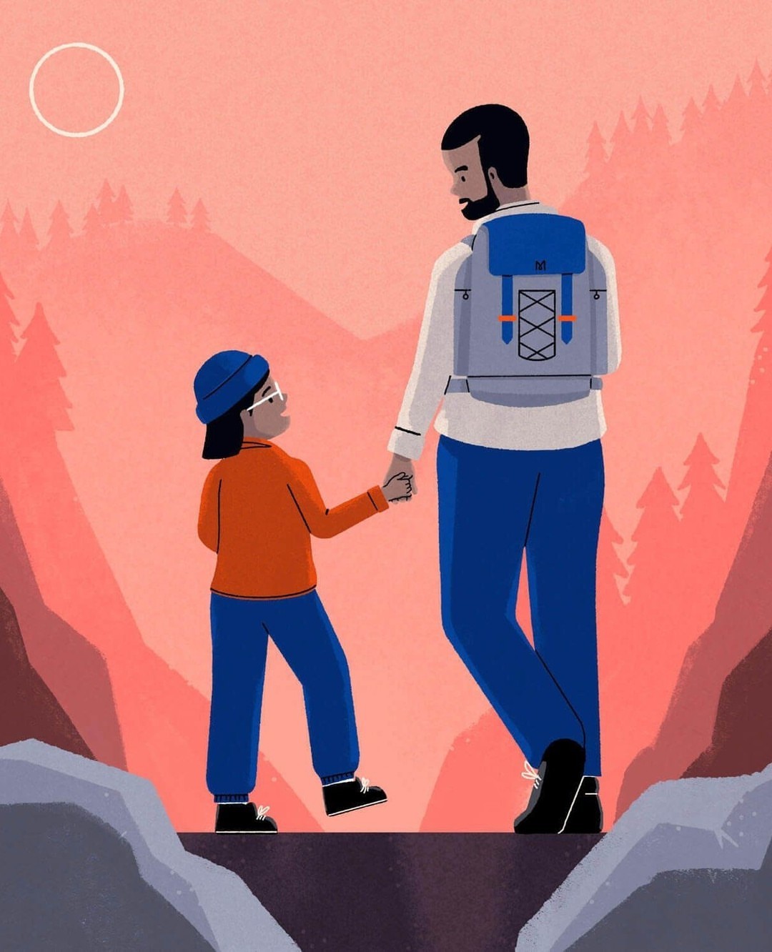 Illustration of a father and child holding hands while hiking; they wear casual clothing and backpacks. The scene features mountains and trees.