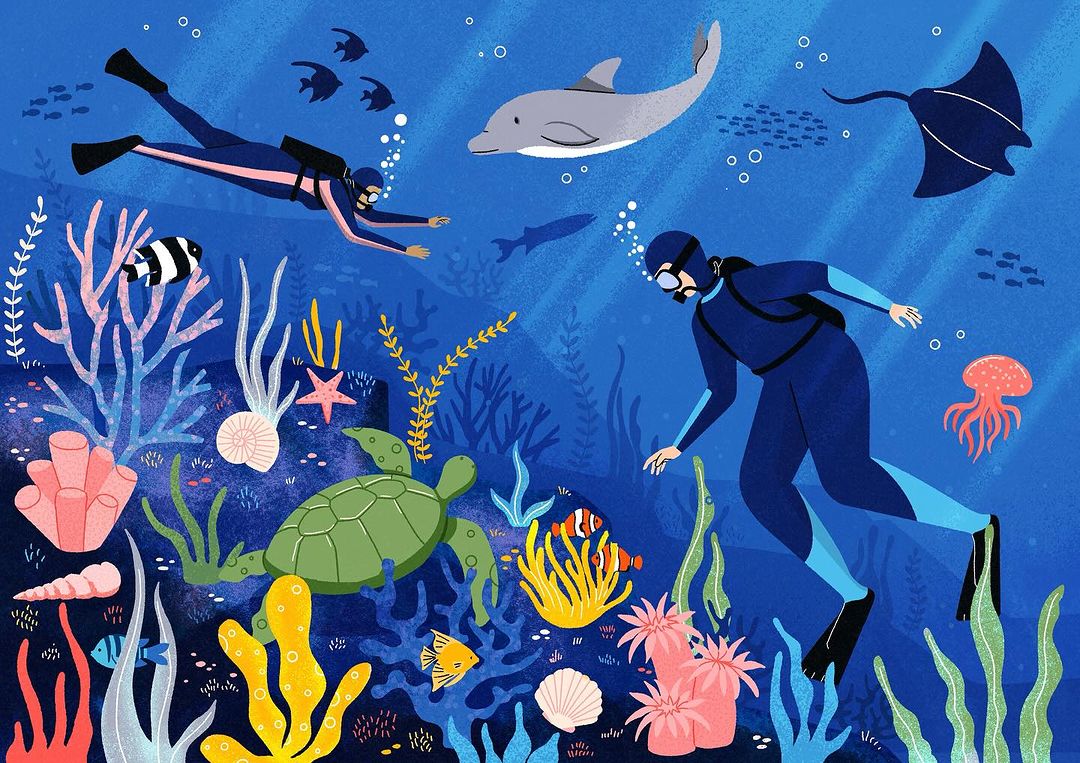 Illustration of two scuba divers exploring a vibrant underwater scene with marine life, coral reefs, and sunlight filtering through the ocean.