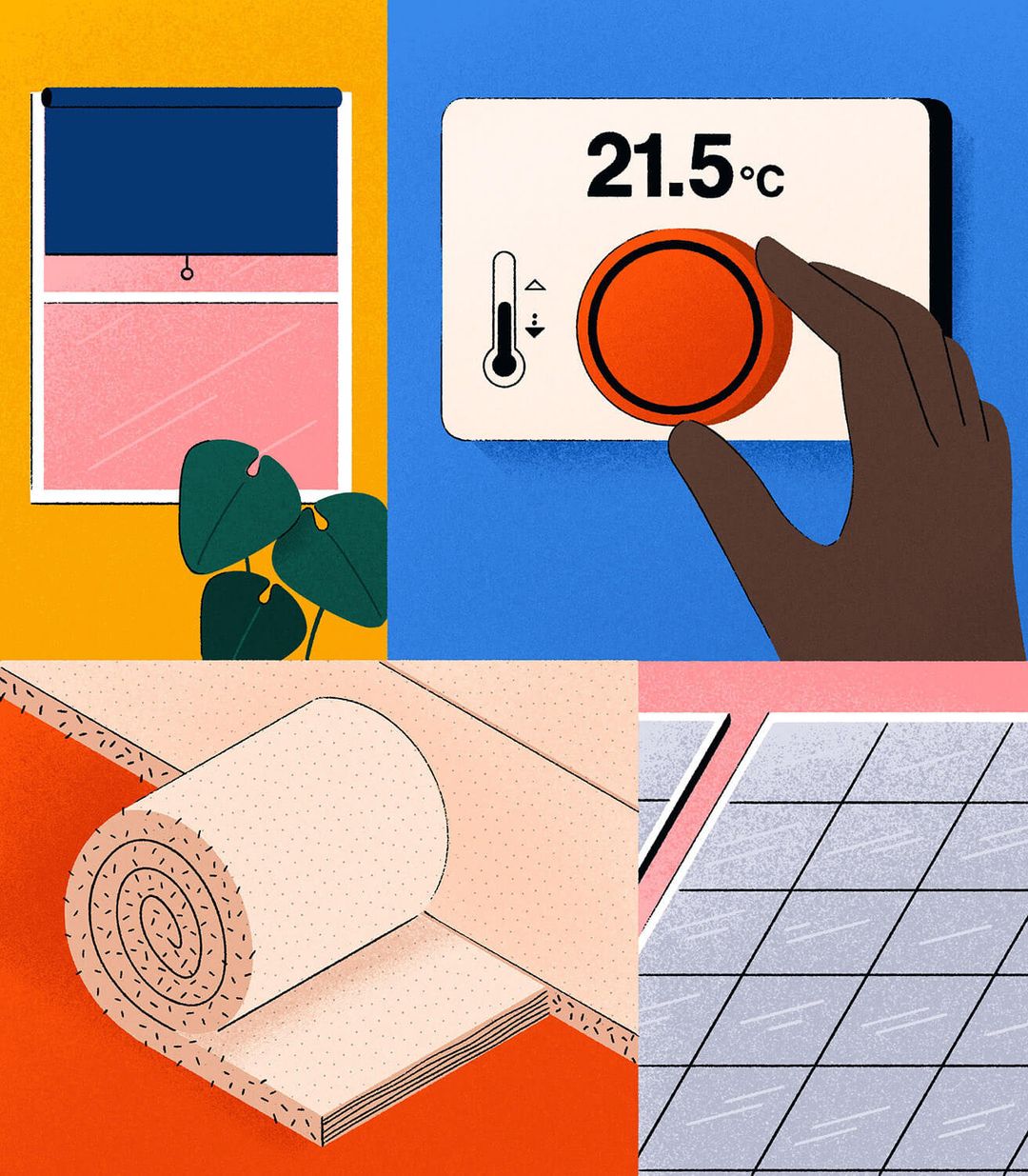 Illustration of a window, thermostat, insulation roll, and a tile floor, rendered in a flat, colorful style. Interior design elements.
