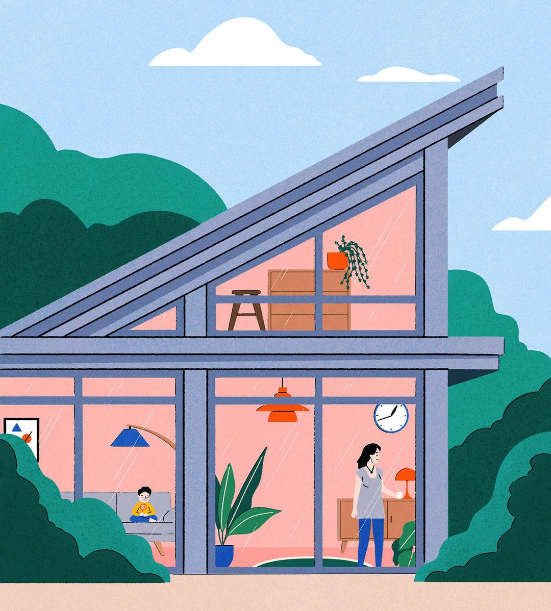 Illustration of a modern home with large windows, featuring a woman on the phone, a child on a sofa, and surrounded by trees.