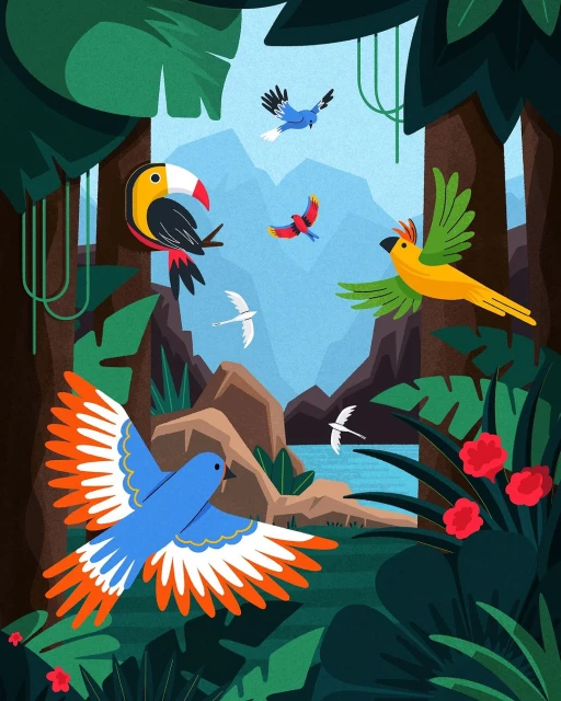Colorful illustration of toucan, parrots, and other birds flying through lush green rainforest with mountains in the background.