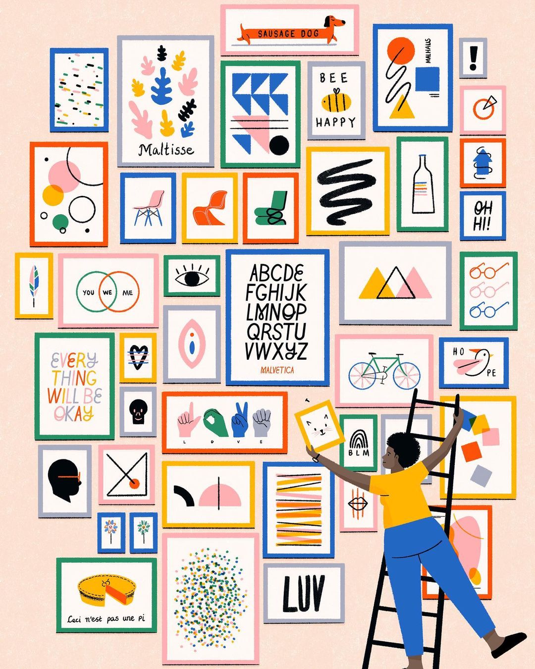 Illustration of a Black woman on a ladder hanging framed art prints on a peach-colored wall, showcasing a vibrant collection of shapes and typography.