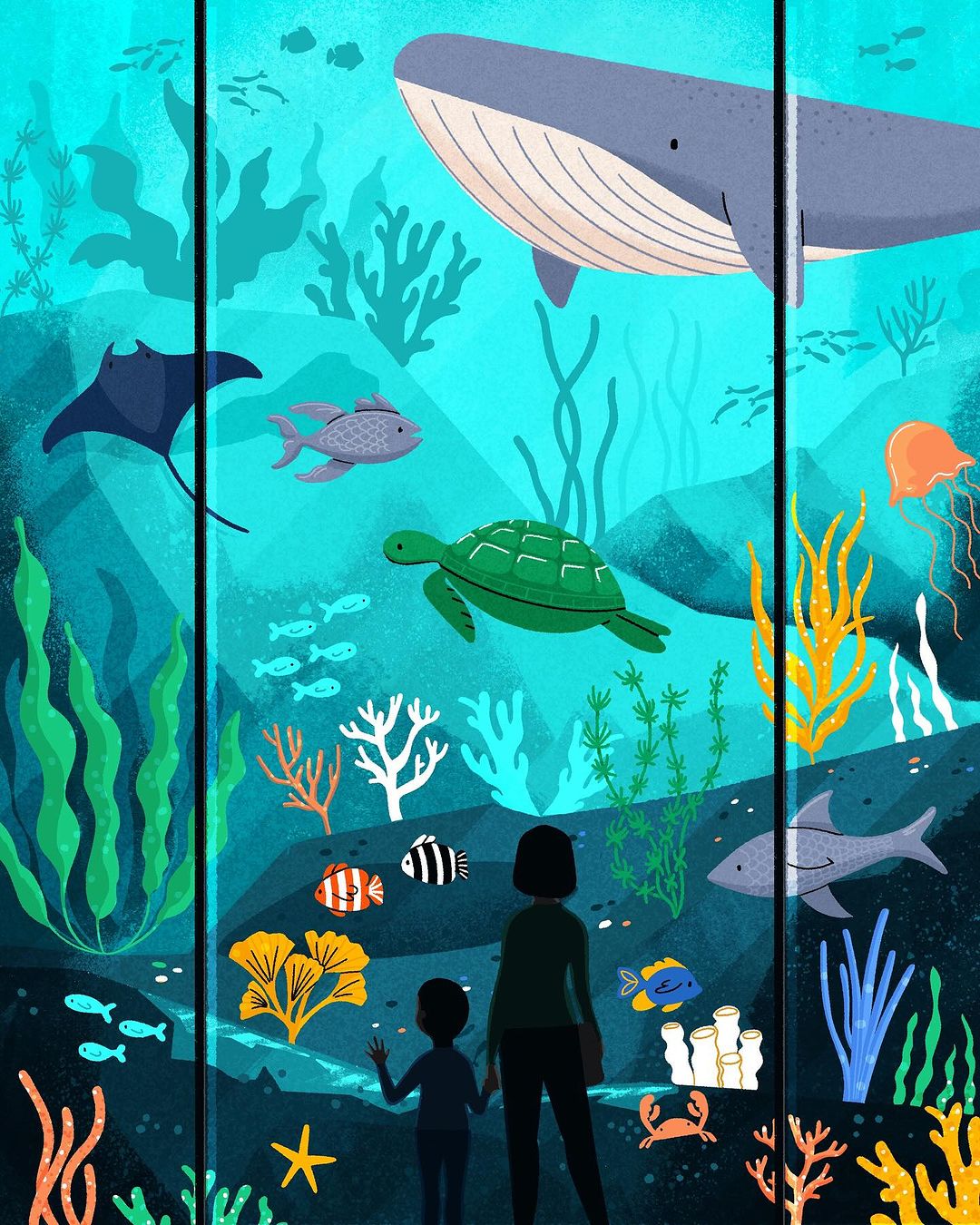 Illustration of a woman and child looking at a large aquarium with a whale, sea turtle, stingray, jellyfish, fish, crab, and coral.