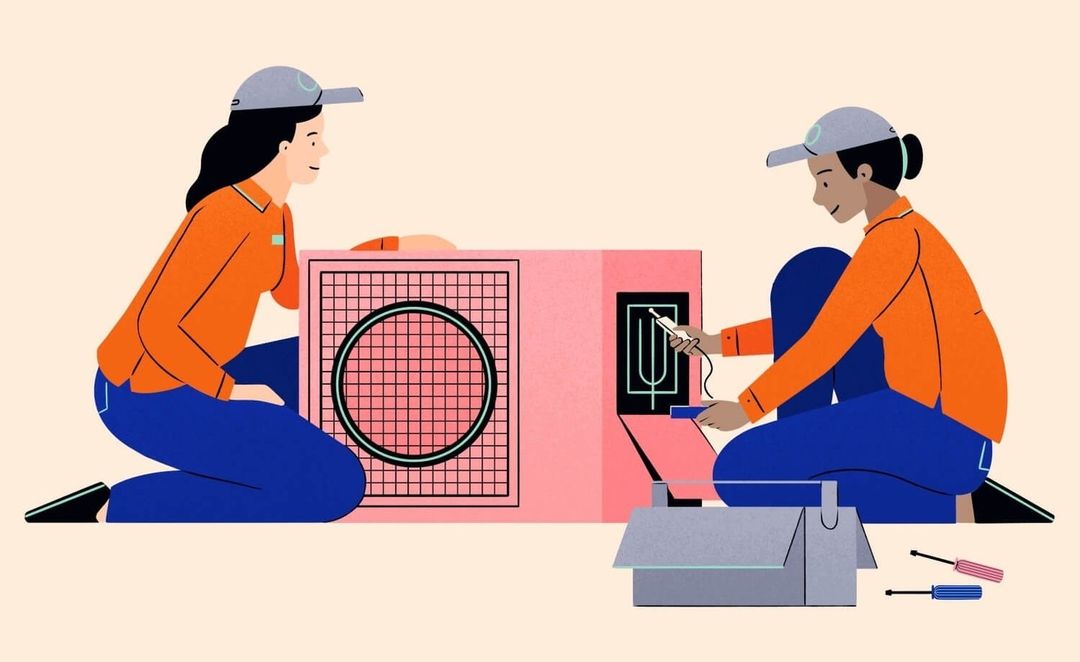 Illustration of two women kneeling while repairing a pink air conditioner, with tools, against a cream-colored backdrop. Vector art.