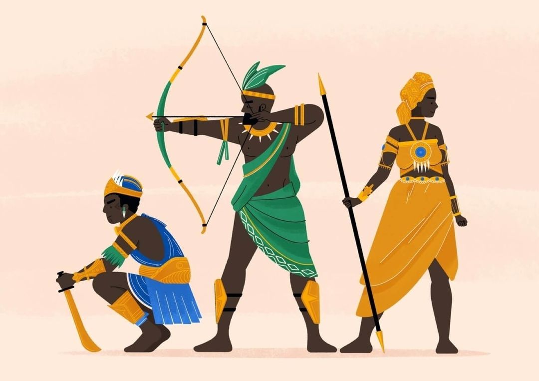 Illustration of three Black people in cultural attire. An archer is drawing a bow, a woman holds a spear, and a man is crouched with a sword.