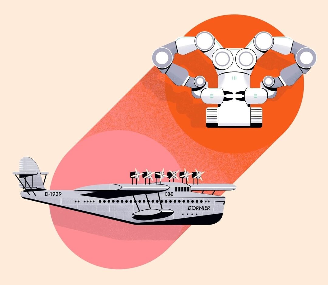 Illustration of a Dornier Do X flying boat and a robot with robotic arms, set against a peach and orange background.