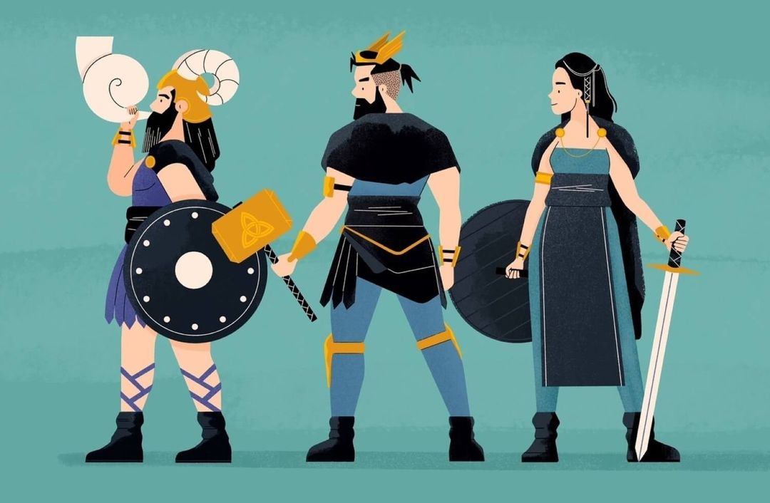 Illustration of three stylized figures in blue, black, and gold armour holding weapons and shields against a solid blue-green background.