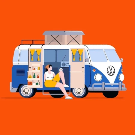 Illustration of a woman relaxing inside a vintage van with cabinets and a radio, set against a vibrant orange background.