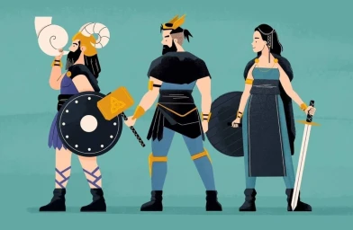 Illustration of three mythical warriors standing together holding horns, hammers, shields, and swords against a turquoise background.