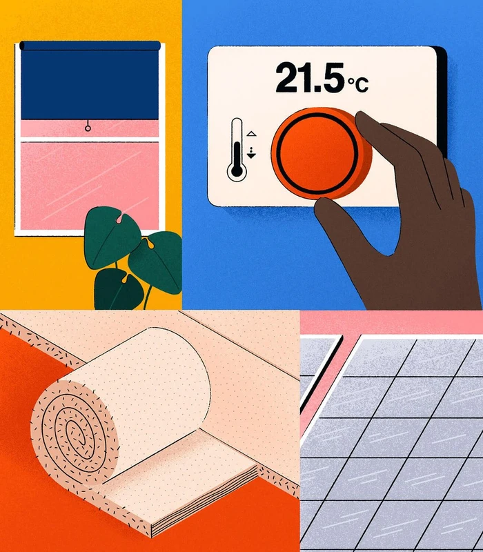 Illustration showing a hand adjusting a thermostat dial set to 21.5 degrees Celsius alongside panels and a rolled material.