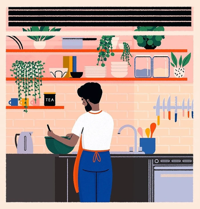 Illustrated kitchen scene showing a man with a beard mixing ingredients in a bowl in front of shelves filled with potted plants and tableware.