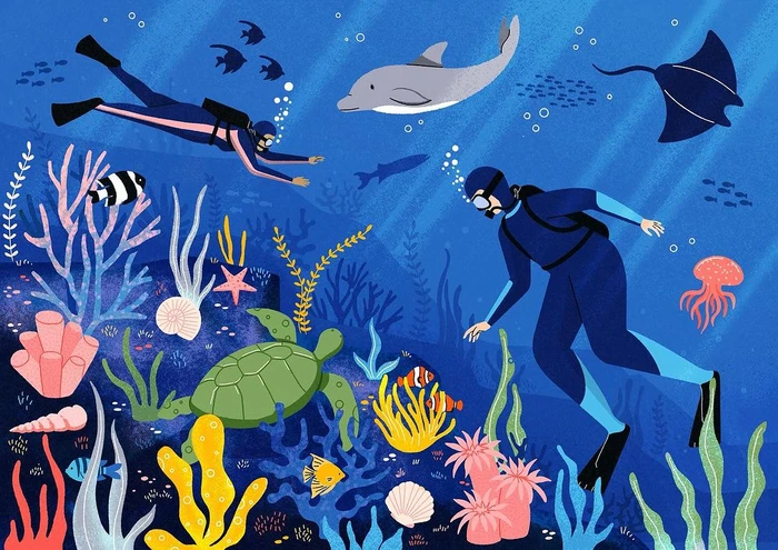 Digital illustration by Mal Made of two scuba divers exploring a vibrant underwater coral reef with marine life.