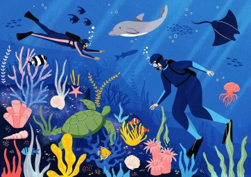 Digital illustration by Mal Made of two scuba divers exploring a vibrant underwater coral reef with marine life.
