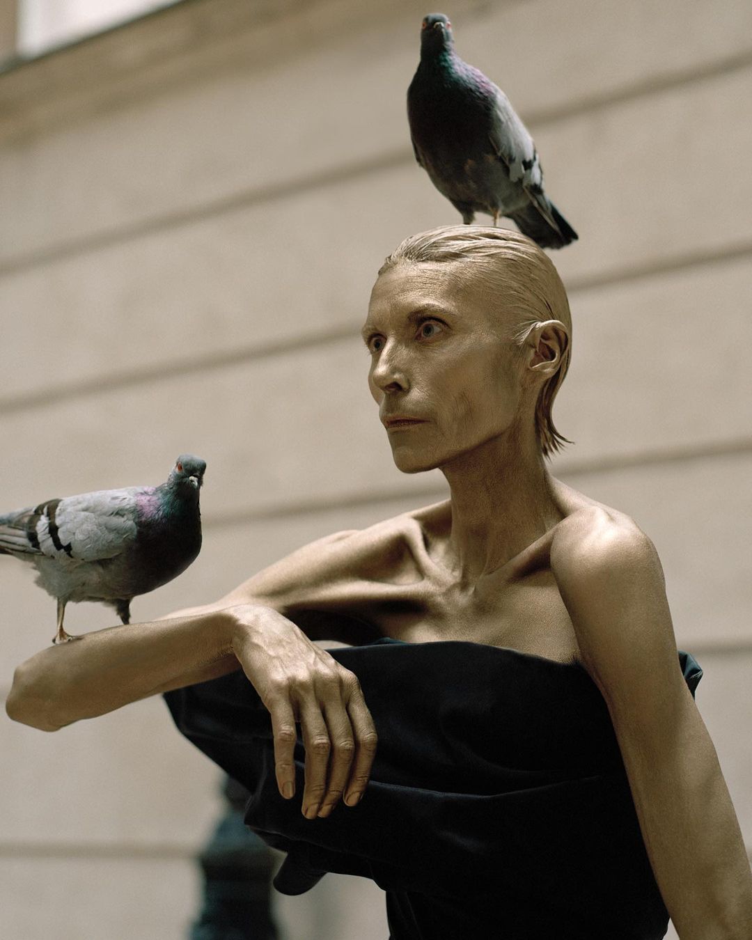 Statue-like woman with gold makeup poses with pigeons perched on her head and arm outdoors against a neutral building backdrop.