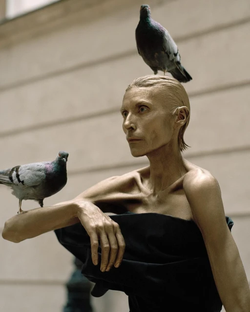 Statue-like woman with gold makeup poses with pigeons perched on her head and arm outdoors against a neutral building backdrop.
