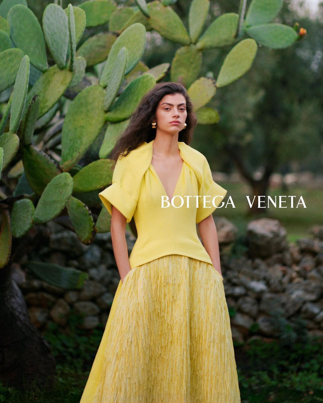 A woman in a yellow dress poses near a cactus. The dress has a v-neck top and a full skirt. The background shows a stone wall and trees.