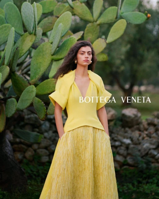 A woman in a yellow dress poses near a cactus. The dress has a v-neck top and a full skirt. The background shows a stone wall and trees.