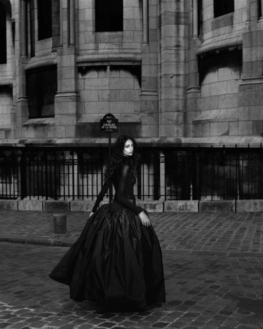 Woman in a long, dark dress walking on a cobblestone street in front of an old stone building, photographed in black and white.