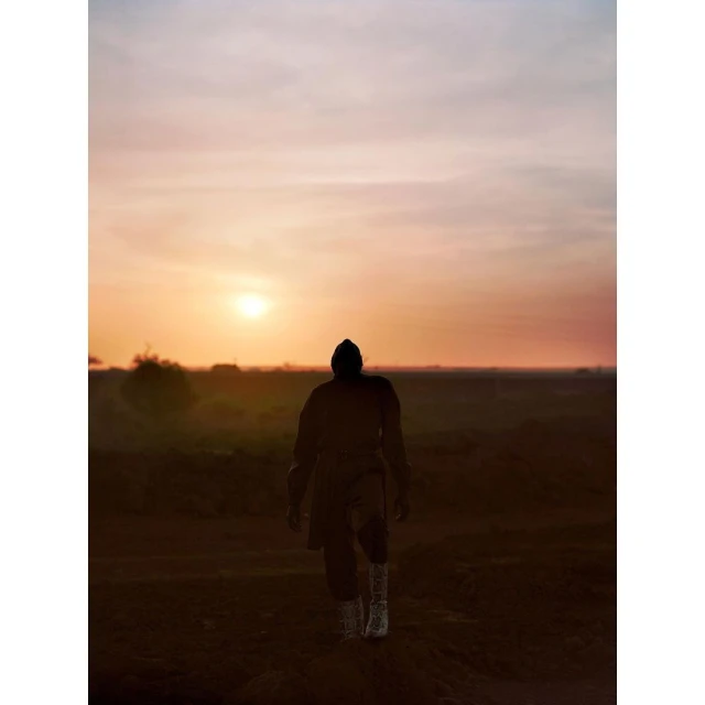 Rear view of silhouetted adult walking across a field toward a sunset with orange-tinted sky and distant trees on the horizon.
