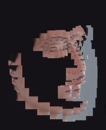 Abstract digital art of an adult with dark hair and skin, rendered in segmented, layered sections against a dark background.