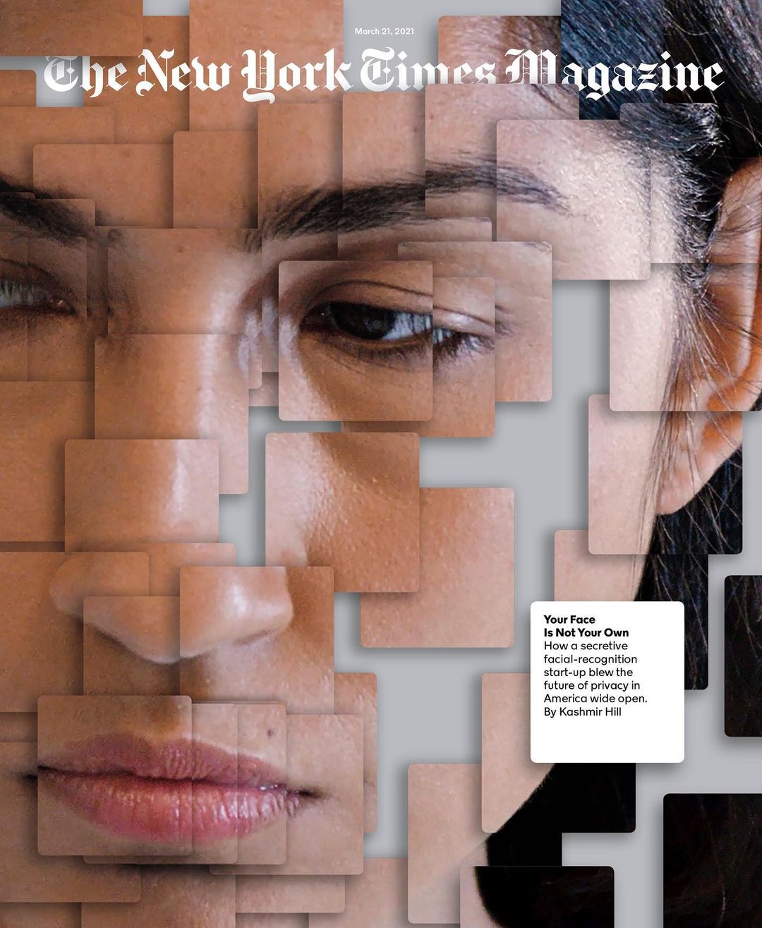 New York Times Magazine cover featuring a digitally fragmented portrait of a person with light skin tone and neutral expression.
