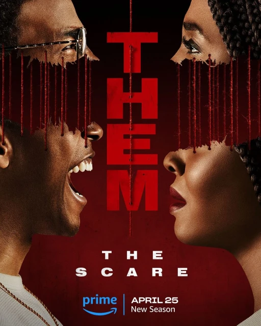 Movie poster for 'THEM: The Scare' featuring a man screaming and a woman in profile, both connected by red lines over a red backdrop.