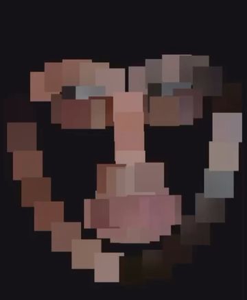 Abstract human face assembled from geometric shapes in tones of brown, peach, and tan, set against a dark background.