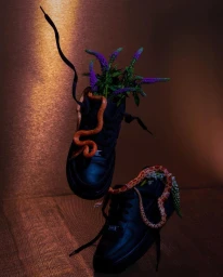Black sneakers holding purple flowers and entwined with small orange snakes against a warm textured background