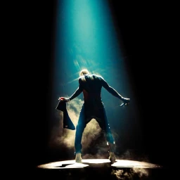 A man stands from behind on stage under a dramatic beam of teal light holding a piece of clothing.