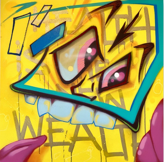 Contemporary graffiti art featuring a cartoonish face with exaggerated features, bold colors, and urban artistic style on a vibrant background.