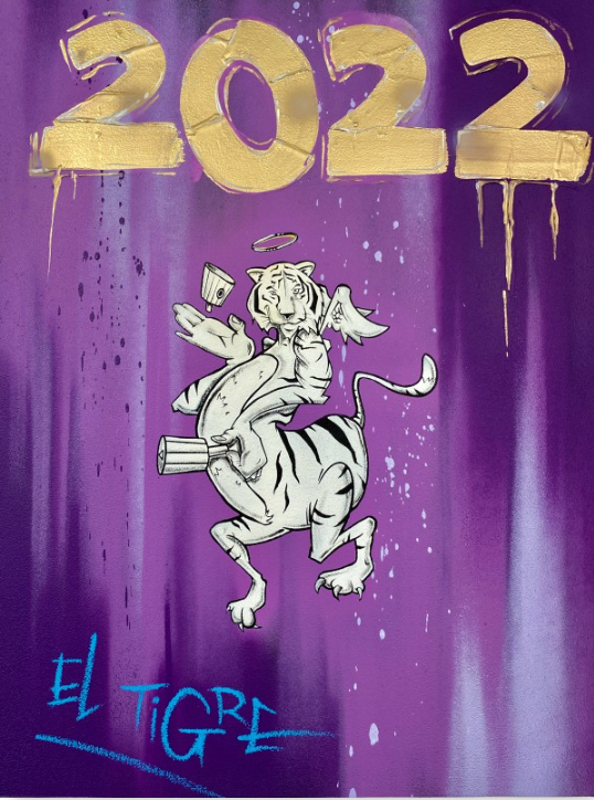Whimsical illustration of an anthropomorphic tiger with wings and a halo, holding art supplies, set against a purple background with gold lettering.