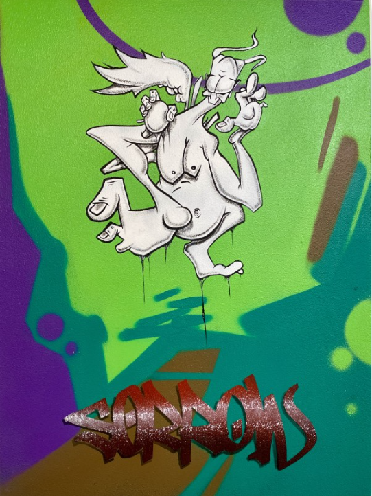 Artistic illustration of a nude cartoon figure with small wings on a graffiti-style background with the text 'SORROWS' at the bottom.