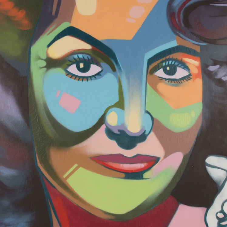Illustration of a woman's face with colorful geometric patterns, featuring bold red lips and dark hair, set against a neutral background.