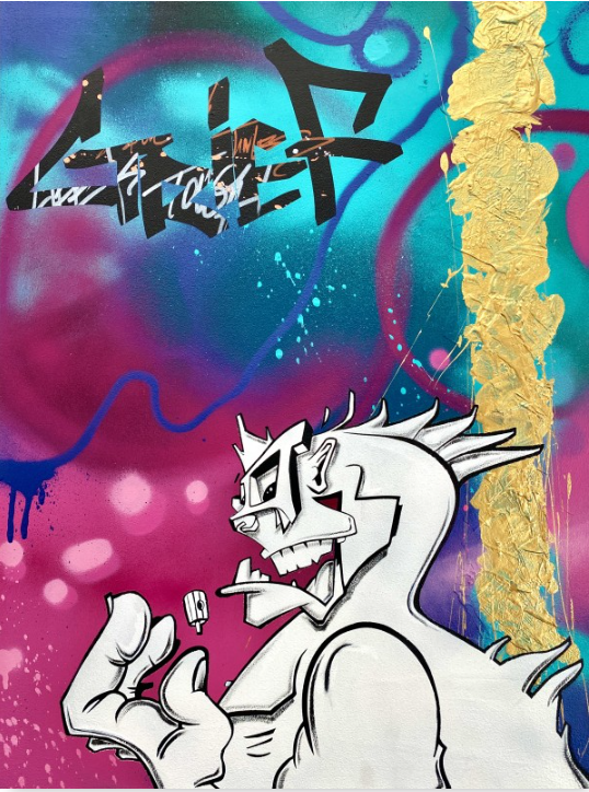 Illustration of a cartoon character with graffiti art in aqua, pink, blue, and gold, featuring stylized text and dynamic design.