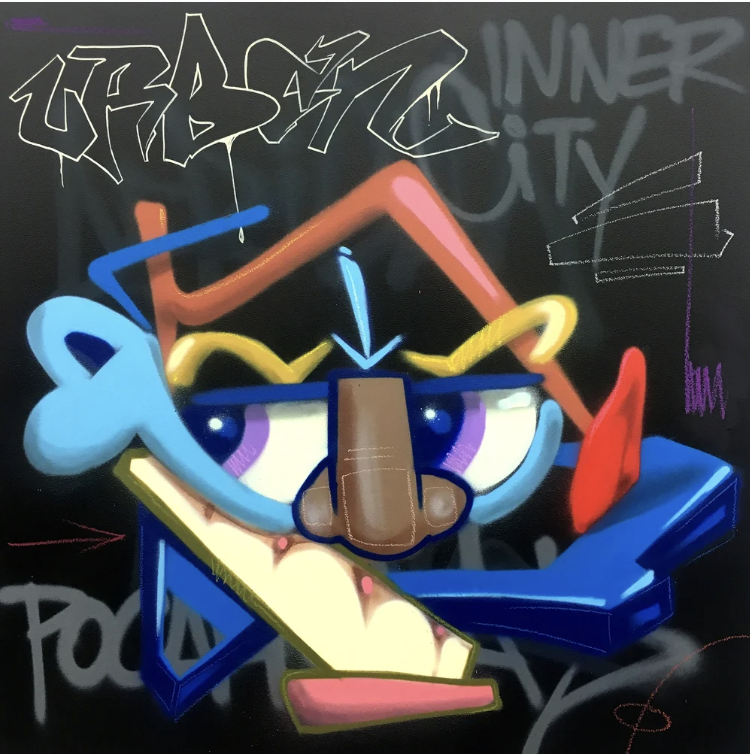 Abstract graffiti-style portrait featuring a colorful, cartoonish face with geometric shapes, set against a dark background with graffiti text.