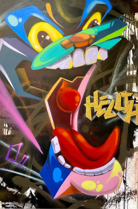 Abstract graffiti art features a colorful, cartoonish face with exaggerated features, set against a dark background with dynamic paint splatters.