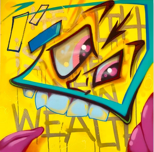 Graffiti-style illustration of a stylized geometric face with expressive pink eyes, sharp teeth, and teal outlines on a yellow background.