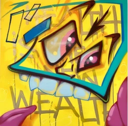 Graffiti-style illustration of a stylized geometric face with expressive pink eyes, sharp teeth, and teal outlines on a yellow background.
