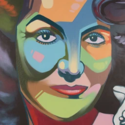 Colorful pop art style painted portrait of a woman's face with bold geometric color blocking and dark hair.