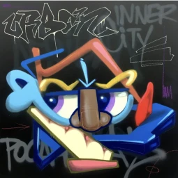 Abstract street art illustration depicting a deconstructed cubist face with vibrant blue, red, and yellow forms against a black background.