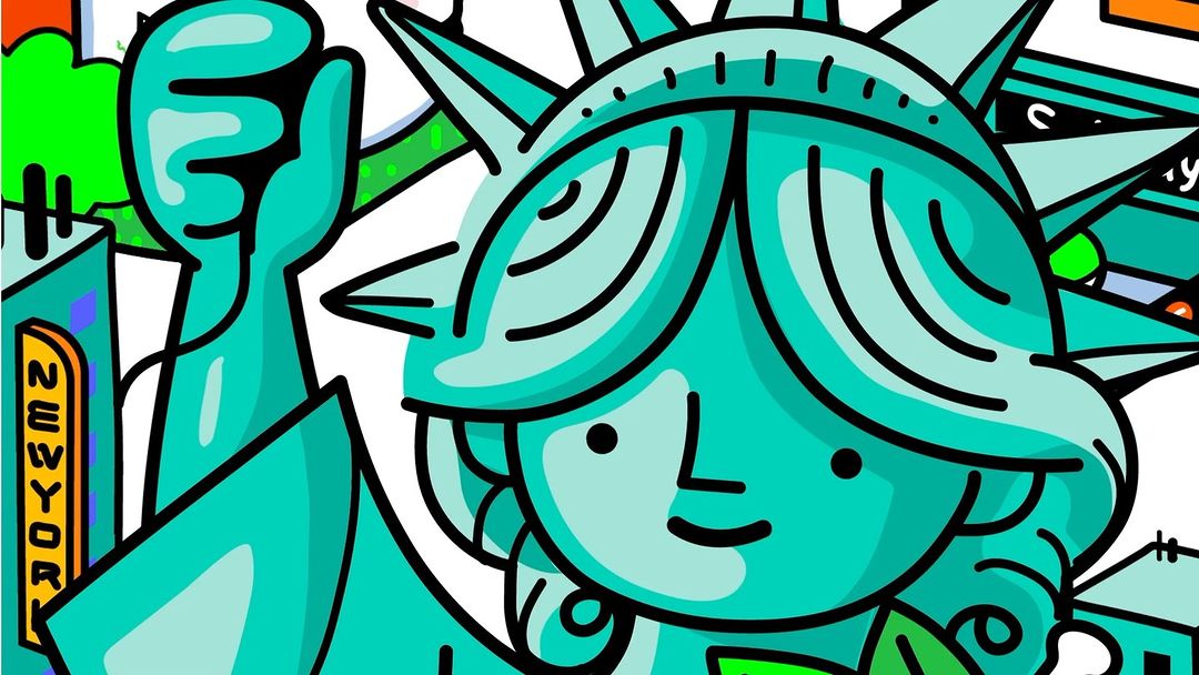 Illustration of the Statue of Liberty with buildings in the background. The statue is cartoon style with a blue-green color palette.