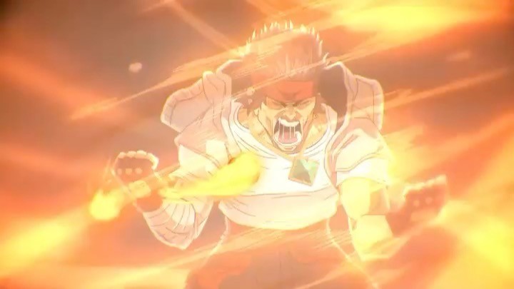 Anime-style image featuring a man with an open mouth clenching his fists amid intense yellow and orange light effects, with a determined expression.